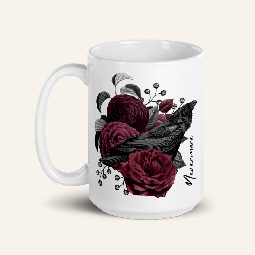 Dark Academia Aesthetic Poe Raven Nevermore Floral White Glossy Mug I Gothic Style I Taverna da Ilsa Taverna da Ilsa 