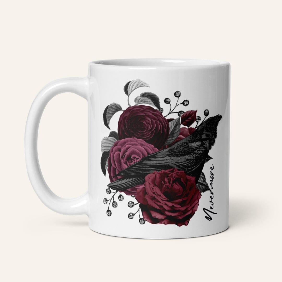 Dark Academia Aesthetic Poe Raven Nevermore Floral White Glossy Mug I Gothic Style I Taverna da Ilsa Taverna da Ilsa 