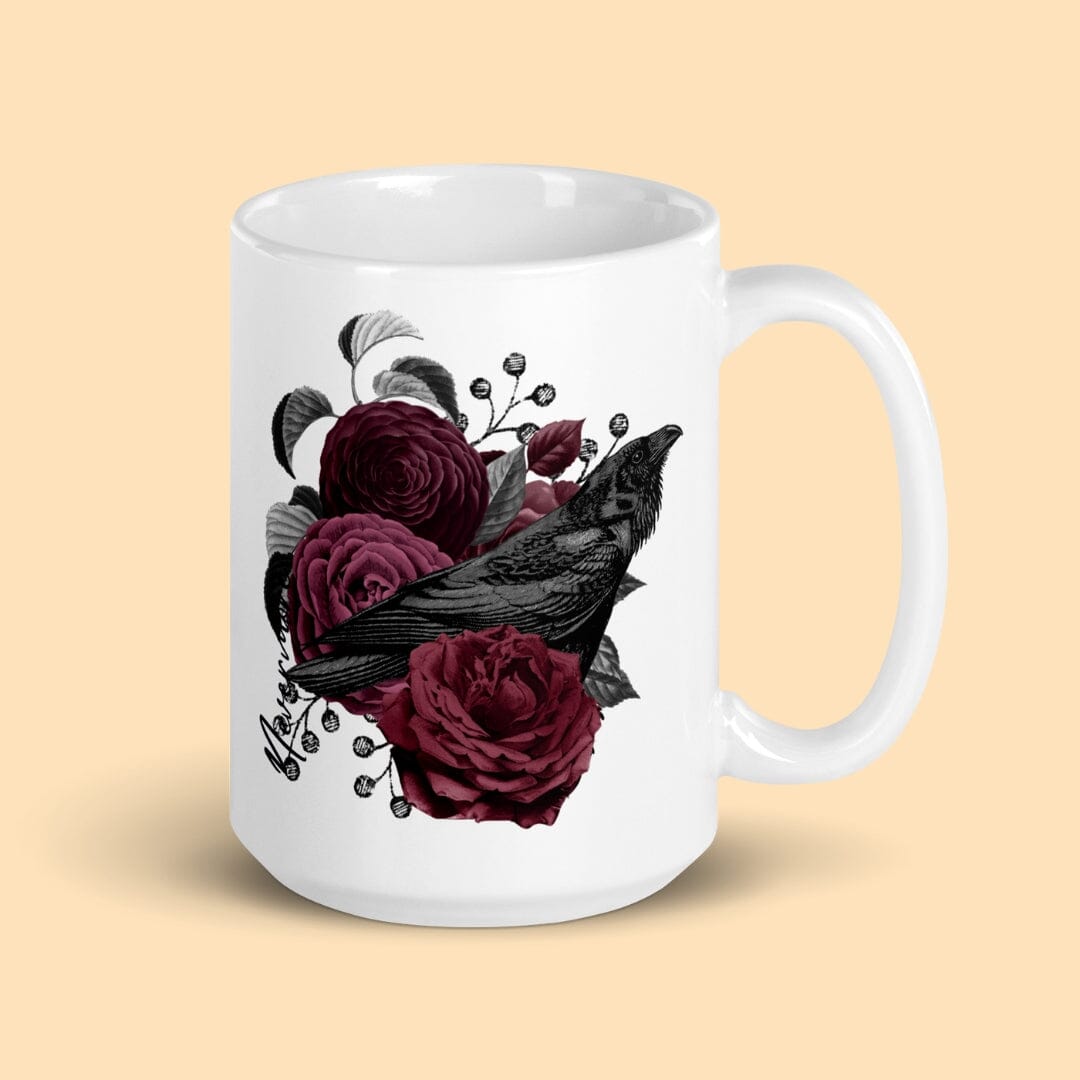 Dark Academia Aesthetic Poe Raven Nevermore Floral White Glossy Mug I Gothic Style I Taverna da Ilsa Taverna da Ilsa 