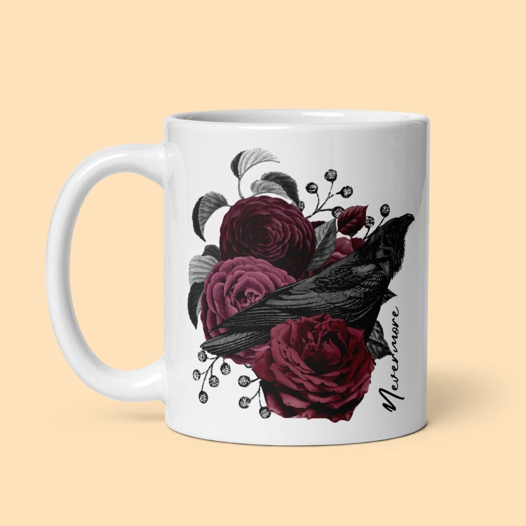 Dark Academia Aesthetic Poe Raven Nevermore Floral White Glossy Mug I Gothic Style I Taverna da Ilsa Taverna da Ilsa 11 oz 