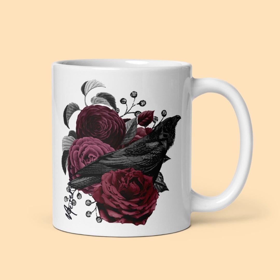 Dark Academia Aesthetic Poe Raven Nevermore Floral White Glossy Mug I Gothic Style I Taverna da Ilsa Taverna da Ilsa 