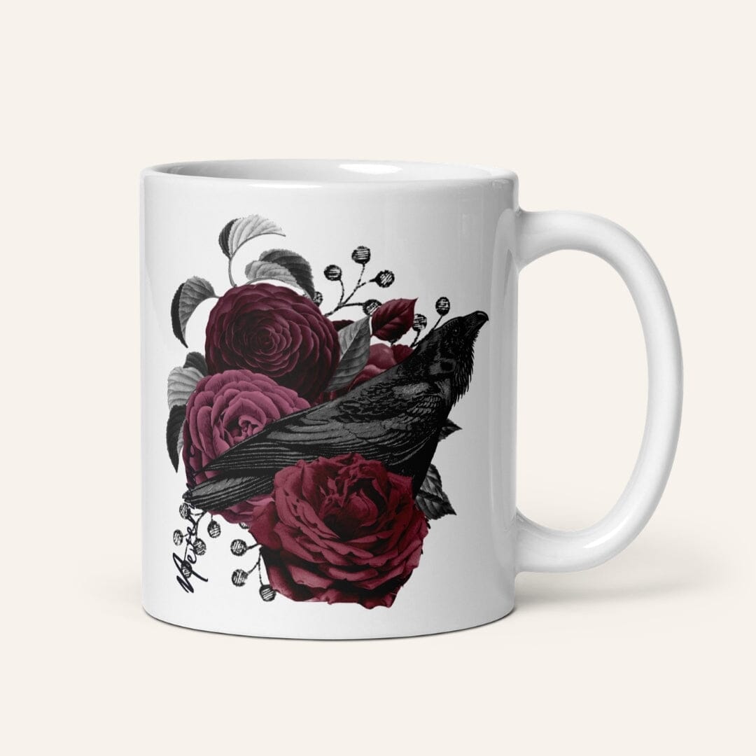 Dark Academia Aesthetic Poe Raven Nevermore Floral White Glossy Mug I Gothic Style I Taverna da Ilsa Taverna da Ilsa 