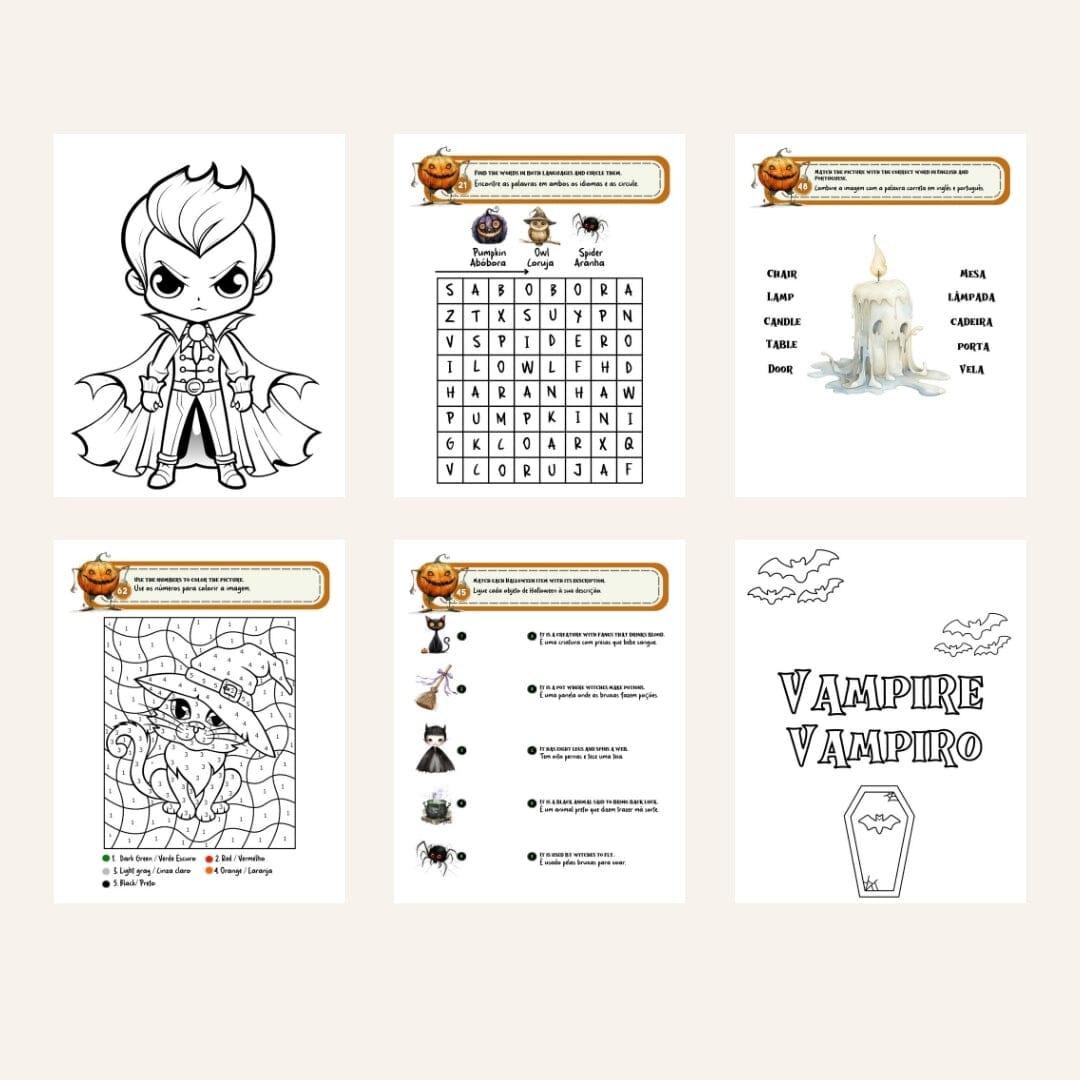 Bilingual Edition Brazilian Portuguese / English I 15 Digital Pages Brincar de Boo: Halloween Bilingual Coloring And Activity Book Digital Pages Caipora Books 